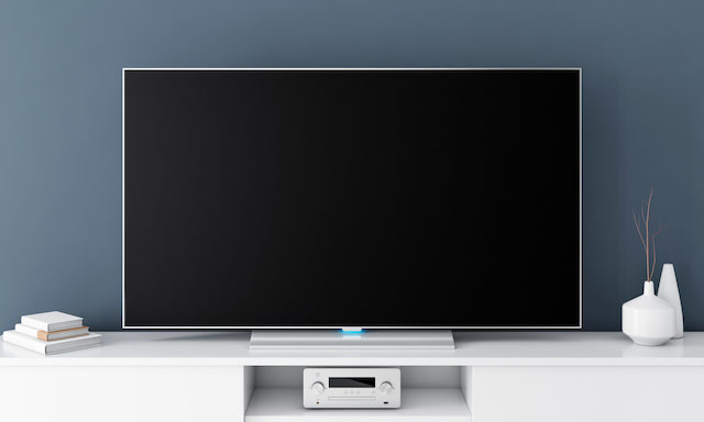 Large Smart Tv Mockup with blank black screen on console. 3d rendering