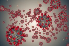 3D rendering, coronavirus cells covid-19 influenza flowing on grey gradient background as dangerous flu strain cases as a pandemic medical health risk concept of disease cells risk